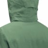 Grüne Jacke mit Kapuze, Rückseite und Kragen im Detail.