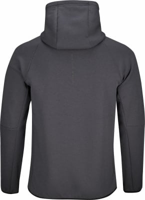 Rückansicht eines dunkelgrauen Hoodies mit hohem Kragen und Kapuze.