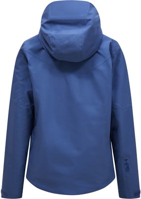 Blaue Damenjacke mit Kapuze, vorne nicht sichtbar, mit Logo am Ärmel. Blaue Damenjacke mit Kapuze, vorne nicht sichtbar, mit Logo am Ärmel.