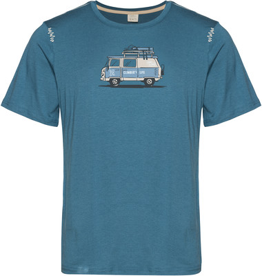 Blaues T-Shirt mit einem Aufdruck eines Wohnmobils und dem Schriftzug „Climber's Life“. Blaues T-Shirt mit einem Aufdruck eines Wohnmobils und dem Schriftzug „Climber's Life“.