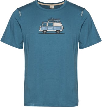 Blaues T-Shirt mit einem Aufdruck eines Wohnmobils und dem Schriftzug „Climber's Life“.
