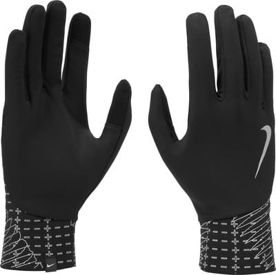 Schwarze Nike-Handschuhe mit weißem Muster und Logo am Handgelenk.