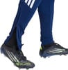 Blaue Adidas Fußballhosen mit weißen Streifen und schwarzen Fußballschuhen.