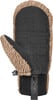 Dunkelgraue Fausthandschuhe mit beige Sherpa-Besatz und schwarzem Bündchen mit Logo.