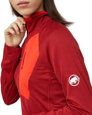 Damen-Sweatshirt in Rot mit orangefarbenem Einsatz und Mammut-Logo. Damen-Sweatshirt in Rot mit orangefarbenem Einsatz und Mammut-Logo.