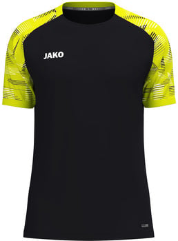 Schwarzes T-Shirt mit neongelben Ärmeln mit geometrischem Muster und JAKO-Logo.