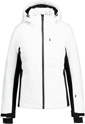Weiße Skijacke mit schwarzen Details und Kapuze. Weiße Skijacke mit schwarzen Details und Kapuze.