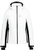 Weiße Skijacke mit schwarzen Details und Kapuze.