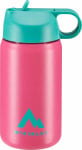 Eine pinke Trinkflasche mit türkisfarbenem Deckel und McKinley-Logo.