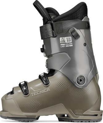 Grauer Tecnica Skischuh mit schwarzem Riemen und Schnallen. Grauer Tecnica Skischuh mit schwarzem Riemen und Schnallen.