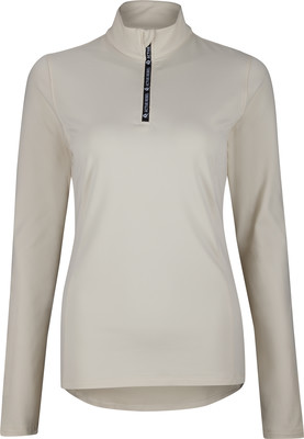 Damen-Pullover in Beige mit Stehkragen und kurzem Reißverschluss mit Logo. Damen-Pullover in Beige mit Stehkragen und kurzem Reißverschluss mit Logo.