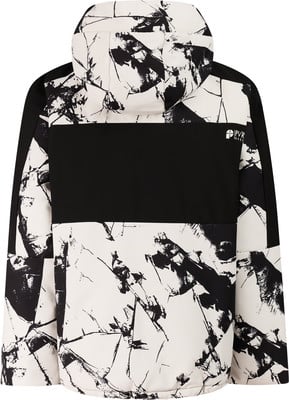 Rückseite einer Herrenjacke mit abstraktem schwarz-weißem Muster und schwarzem Streifen. Rückseite einer Herrenjacke mit abstraktem schwarz-weißem Muster und schwarzem Streifen.