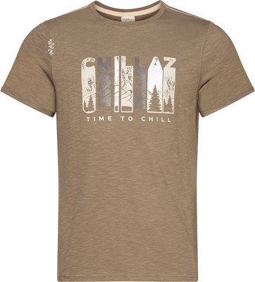 Braunes T-Shirt mit Bergmotiv und Aufdruck TIME TO CHILL. Braunes T-Shirt mit Bergmotiv und Aufdruck TIME TO CHILL.