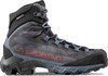 Schwarzer hoher Wanderschuh mit blau-violettem Muster und rotem Logo.