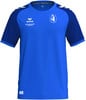 Blaues Sportshirt mit dunkelblauen Ärmeln und Logos auf der Brust.