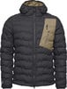 Schwarze Daunenjacke mit beiger Tasche und Martini-Logo.