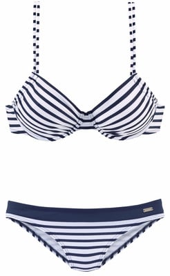 Damen-Bikini gestreift, dunkelblau und weiß. Damen-Bikini gestreift, dunkelblau und weiß.