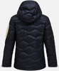 Rückansicht einer dunklen Steppjacke mit Kapuze und beige Akzent.
