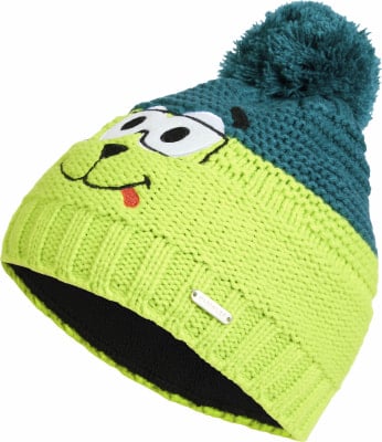 Grüne und türkise Strickmütze mit Hundemotiv und Bommel. Grüne und türkise Strickmütze mit Hundemotiv und Bommel.