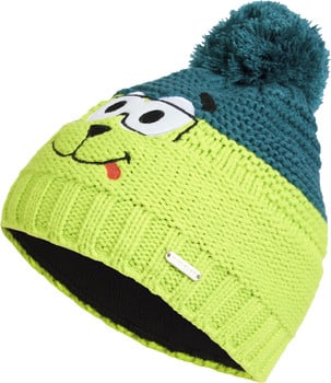 Grüne und türkise Strickmütze mit Hundemotiv und Bommel.