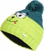 Grüne und türkise Strickmütze mit Hundemotiv und Bommel.