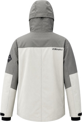 Rückansicht einer grau-beigen Jacke mit Logo auf dem Rücken. Rückansicht einer grau-beigen Jacke mit Logo auf dem Rücken.