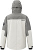 Rückansicht einer grau-beigen Jacke mit Logo auf dem Rücken.
