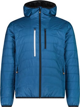 Blaue Daunenjacke mit Kapuze und schwarzem Reißverschluss, zwei Brusttaschen.