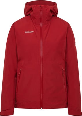 Rote Mammut-Regenjacke mit Reißverschluss und Kapuze.