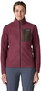 Damen-Fleecejacke in Weinrot mit brauner Brusttasche und Reißverschluss.