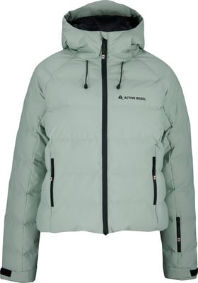 Damen hellgrüne Daunenjacke mit Kapuze und schwarzem Reißverschluss. Damen hellgrüne Daunenjacke mit Kapuze und schwarzem Reißverschluss.