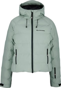 Damen hellgrüne Daunenjacke mit Kapuze und schwarzem Reißverschluss.