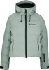 Damen hellgrüne Daunenjacke mit Kapuze und schwarzem Reißverschluss.