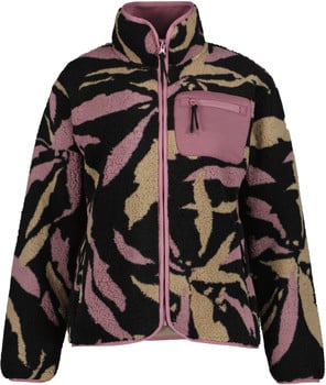 Schwarze Fleecejacke mit rosa und beiger Blattmusterung und rosa Tasche.