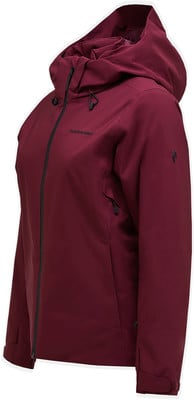 Damen-Weinrote Jacke mit Kapuze und schwarzem Reißverschluss, Marke Peak Performance. Damen-Weinrote Jacke mit Kapuze und schwarzem Reißverschluss, Marke Peak Performance.