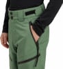Detail einer grünen Herrenhose mit Reißverschlusstasche und Logo.
