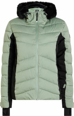 Grüne Daunenjacke mit schwarzen Seitenpartien und Pelzkragen. Grüne Daunenjacke mit schwarzen Seitenpartien und Pelzkragen.