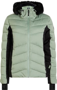 Grüne Daunenjacke mit schwarzen Seitenpartien und Pelzkragen.