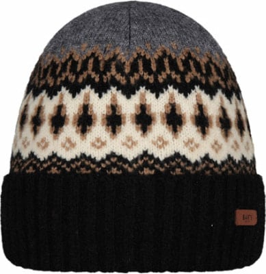 Schwarze Strickmütze mit norwegischem Muster in Grau-, Beige- und Schwarztönen.