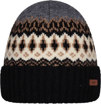 Schwarze Strickmütze mit norwegischem Muster in Grau-, Beige- und Schwarztönen.