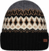 Schwarze Strickmütze mit norwegischem Muster in Grau-, Beige- und Schwarztönen.