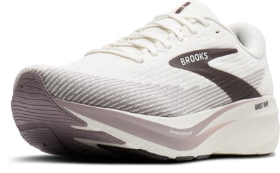 Weiße Brooks Laufschuhe mit braunem Logo und gestreiftem Design. Weiße Brooks Laufschuhe mit braunem Logo und gestreiftem Design.