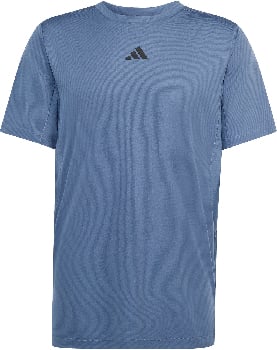 Blaues T-Shirt mit kurzen Ärmeln und Adidas-Logo auf der Brust.