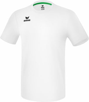 Weißes T-Shirt mit kurzen Ärmeln und schwarzem Erima-Logo auf der Brust.