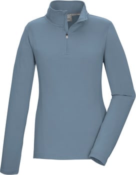 Damen-Pullover in Blau mit langen Ärmeln und kurzem Reißverschluss am Kragen.