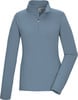 Damen-Pullover in Blau mit langen Ärmeln und kurzem Reißverschluss am Kragen.