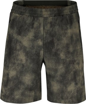 Krátké kalhoty s tie-dye vzorem v odstínech zelené a hnědé.