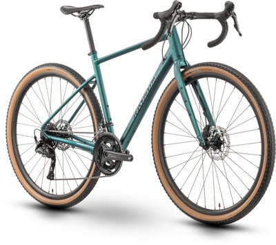 Grünes Gravelbike mit braunen Reifen und Scheibenbremsen.