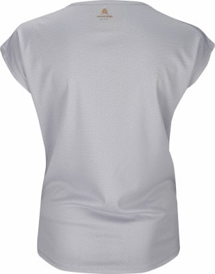 Hellgraues kurzärmeliges T-Shirt mit Logo auf dem Rücken. Hellgraues kurzärmeliges T-Shirt mit Logo auf dem Rücken.