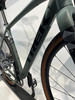 Detail eines Trek Fahrradrahmens mit Logo und Vorderrad.